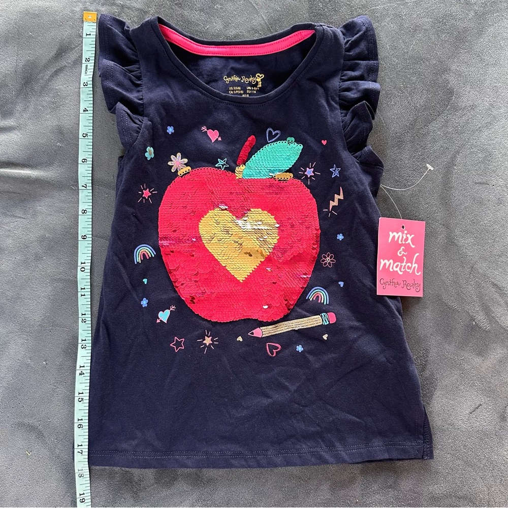 Cynthia Rowley Blue Red Short Sleeve Tee Apple Graphic